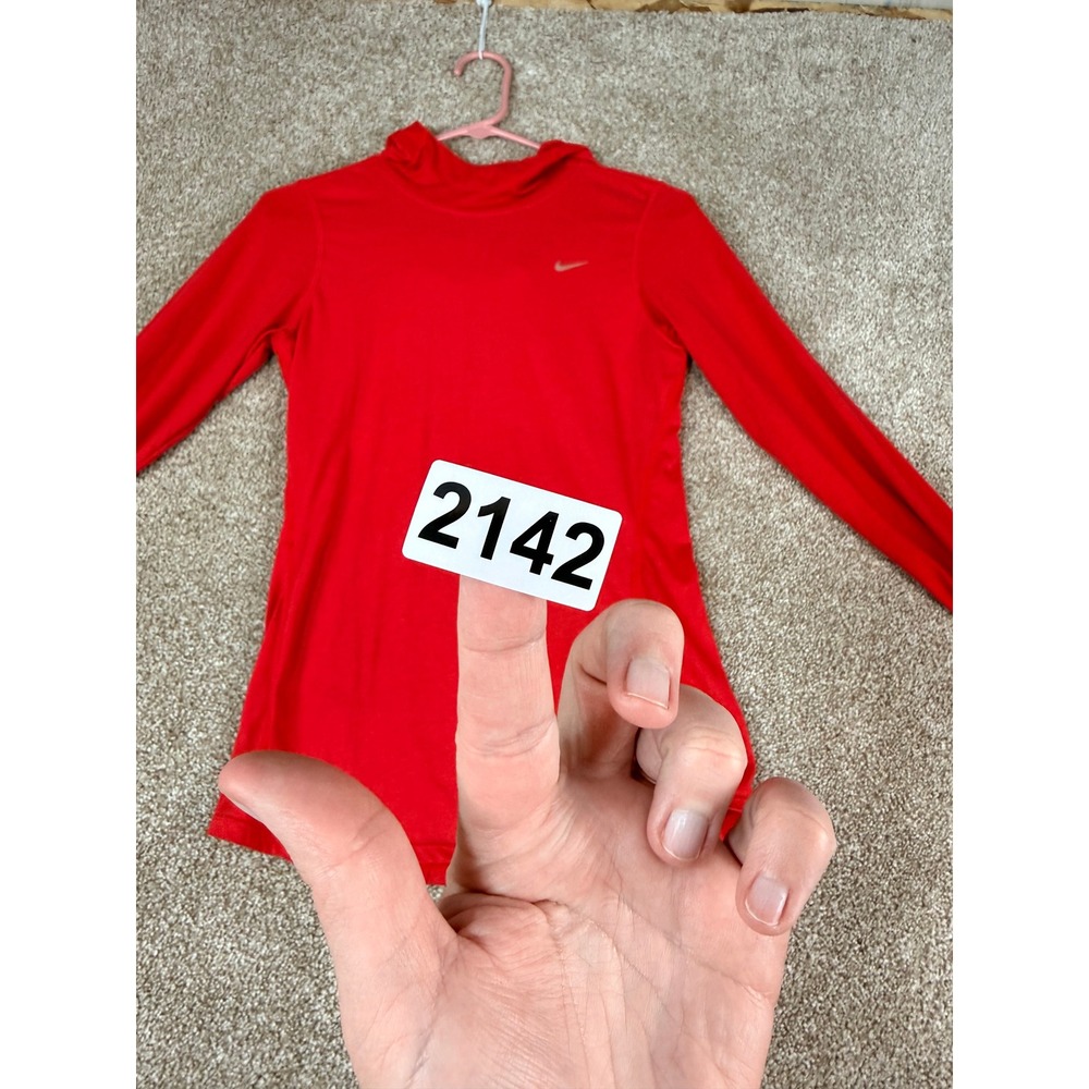 Nike Running Dri-FIT Hoodie Womens XS Red Long Sleeve Thumbhole Top Gym Train - Picture 13 of 13